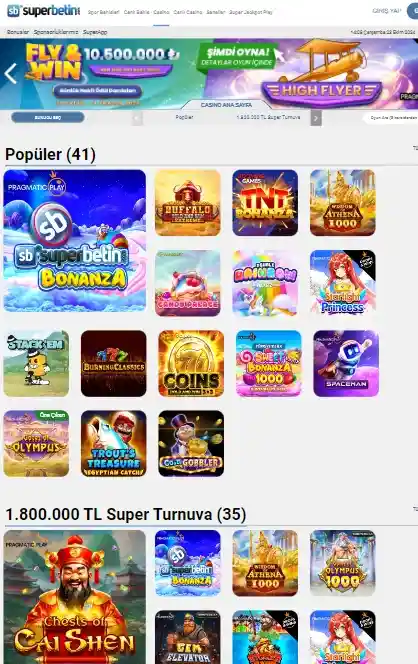 Popüler casino oyunları, slot oyunları ve turnuvalar dahil.